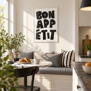 French Art Prints, framed on the wall of a sunny breakfast nook in a modern kitchen