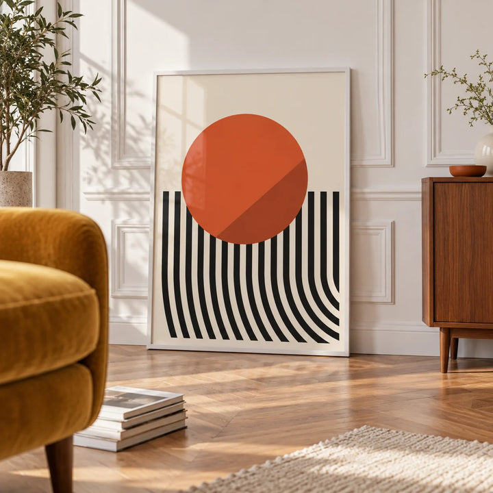 Modern Mid Century Poster, framed on the wall of a bright room with white panelled walls and a herringbone floor in a living room