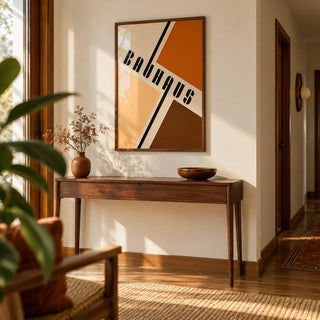 Modern Mid Century Poster, framed on the wall of a mid-century hallway with a cream wall