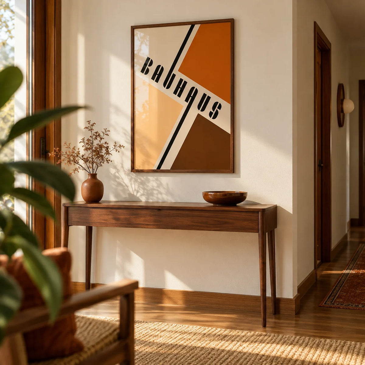 Modern Mid Century Poster, framed on the wall of a mid-century hallway with a cream wall