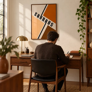 Modern Mid Century Poster, framed on the wall of a mid-century home office with a cream wall