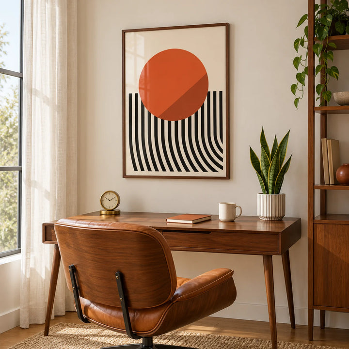 Modern Mid Century Poster, framed on the wall of a mid-century study by a tall window with a sheer curtain