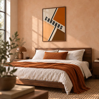 Modern Mid Century Poster, framed on the wall of a modern bedroom with a peach limewashed wall
