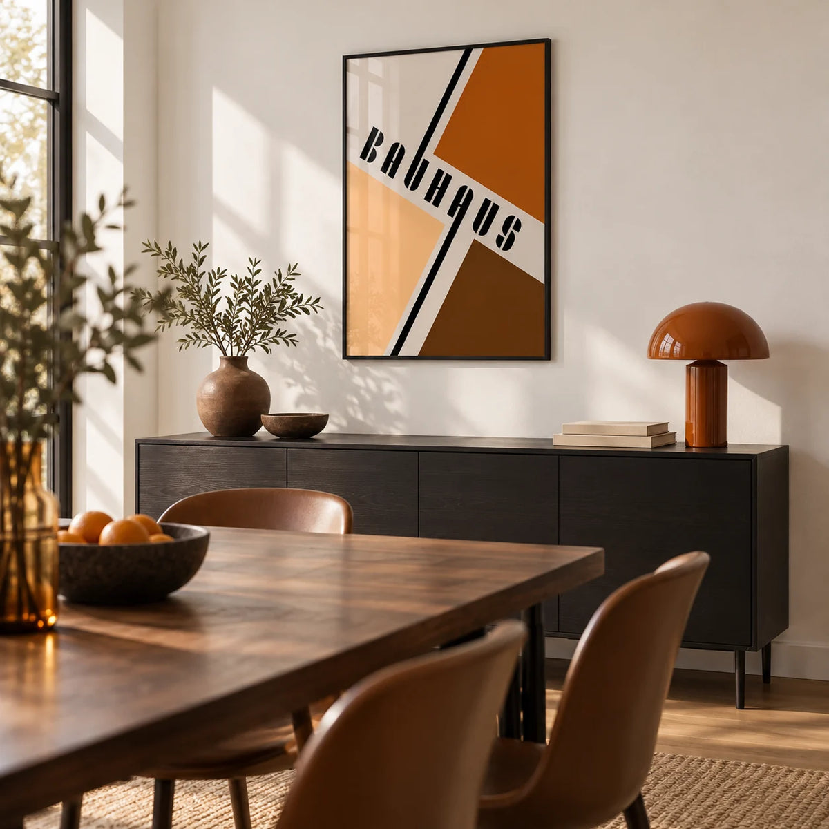 Modern Mid Century Poster, framed on the wall of a modern dining room with a white wall