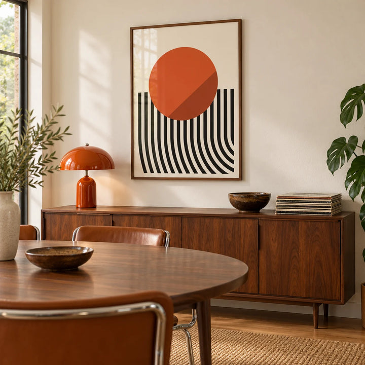 Modern Mid Century Poster, framed on the wall of a retro dining nook with a cream wall
