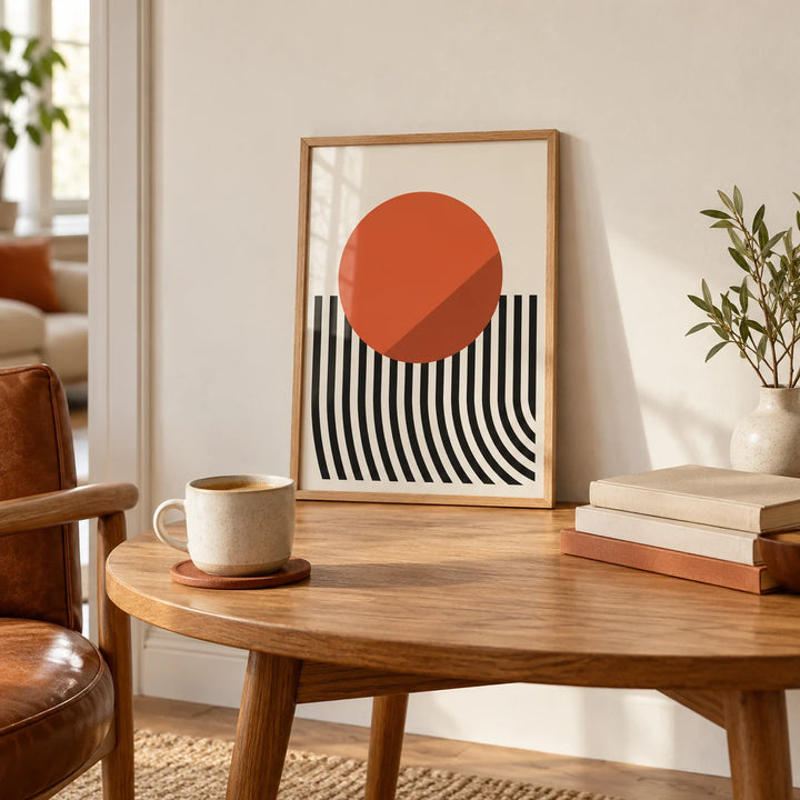 Modern Mid Century Poster, a small A4 framed print leaning on a round oak table