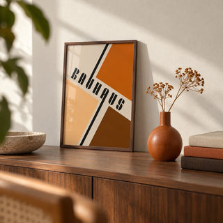 Modern Mid Century Poster, a small A4 framed print leaning on a walnut shelf in a living room