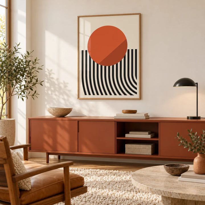 Modern Mid Century Poster, framed on the wall of a warm minimal room with a cream wall and a shaggy cream rug in a home office