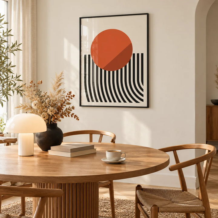 Modern Mid Century Poster, framed on the wall of a warm in a dining room