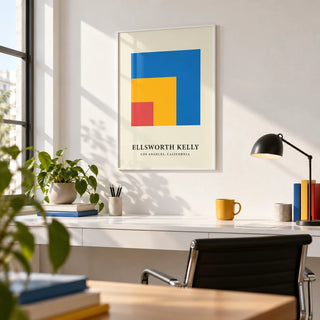 Modern Minimal Wall Art, framed on the wall of a crisp design studio with a white wall in a home office