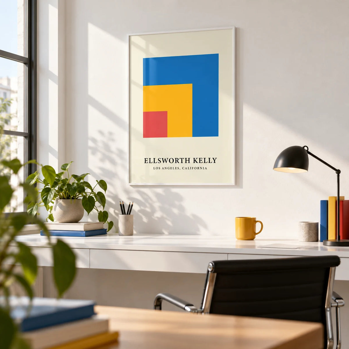 Modern Minimal Wall Art, framed on the wall of a crisp design studio with a white wall in a home office