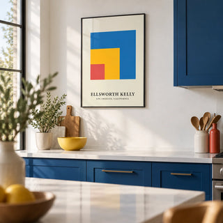 Modern Minimal Wall Art, framed on the wall of a modern kitchen with cobalt blue cabinets and a white wall
