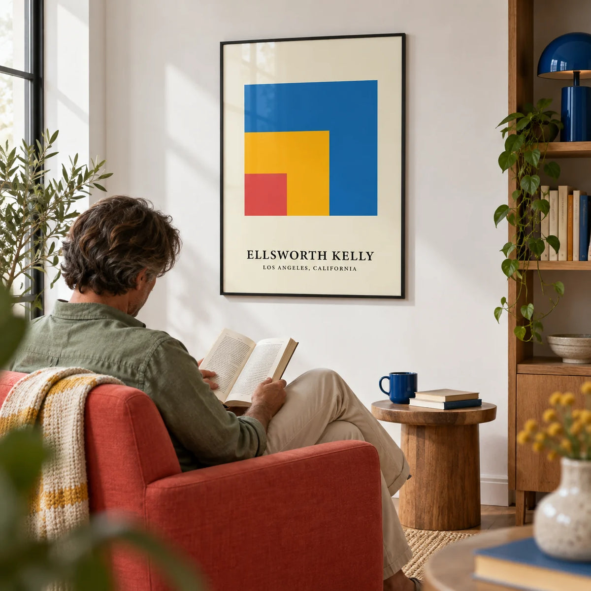 Modern Minimal Wall Art, framed on the wall of a modern reading spot with a white wall in a living room