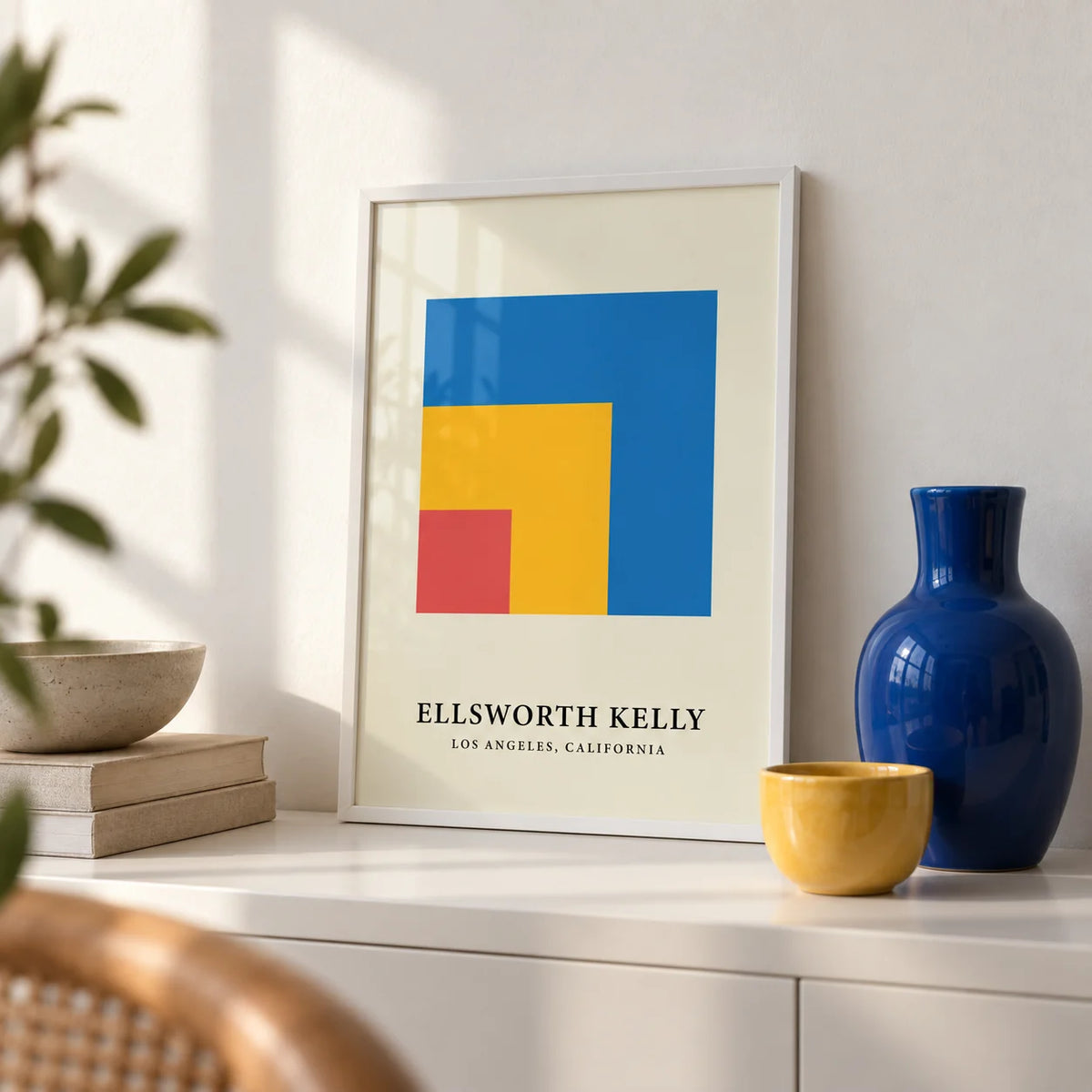Modern Minimal Wall Art, a small A4 framed print leaning on a white shelf in a living room
