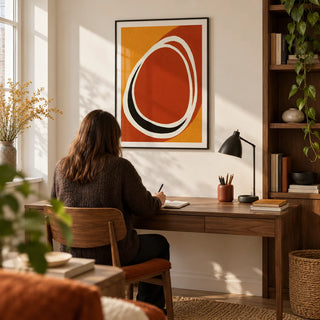 Modern Minimalist Art Print, framed on the wall of a bright home study in a design-conscious UK flat with an ivory wall and built-in walnut shelves