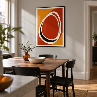 Modern Minimalist Art Print, framed on the wall of a compact modern dining room in a renovated UK terrace with a pale grey wall and oak flooring