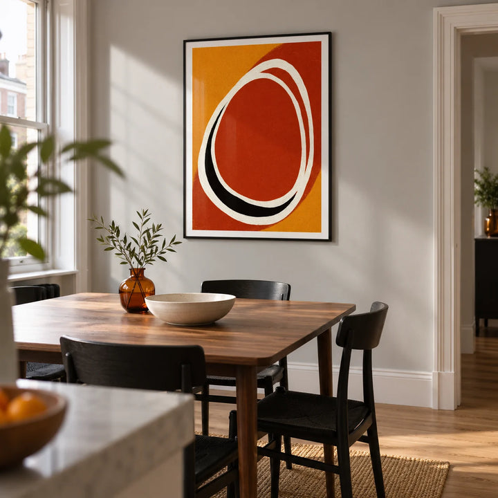 Modern Minimalist Art Print, framed on the wall of a compact modern dining room in a renovated UK terrace with a pale grey wall and oak flooring