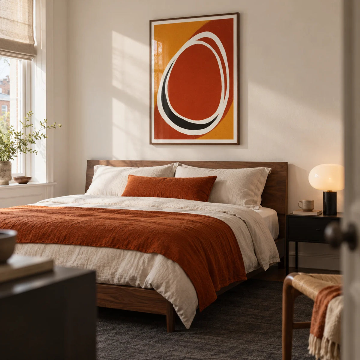 Modern Minimalist Art Print, framed on the wall of a modern bedroom in a UK townhouse with a warm white wall and a plain charcoal rug