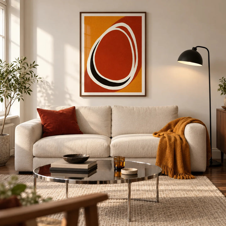 Modern Minimalist Art Print, framed on the wall of a modern living room in a UK city flat with warm white walls