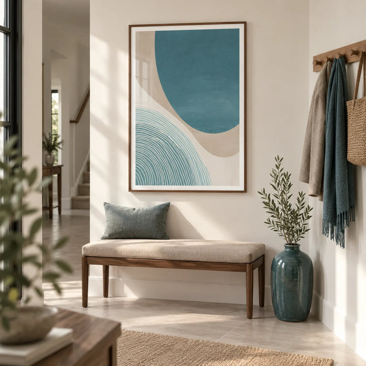 Modern Minimalist Print, framed on the wall of a bright hallway in a modern UK townhouse with an off-white wall and pale stone flooring