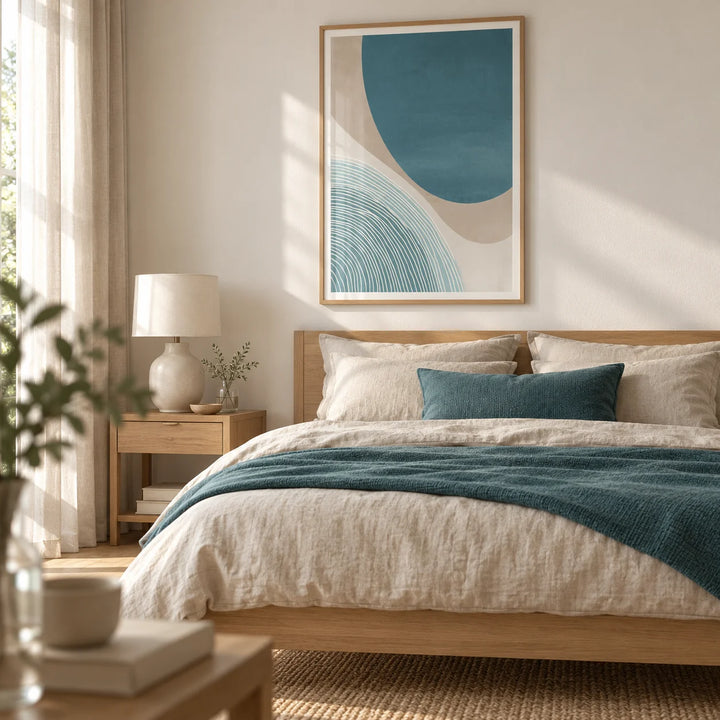 Modern Minimalist Print, framed on the wall of a calm modern bedroom with an off-white wall and pale oak flooring