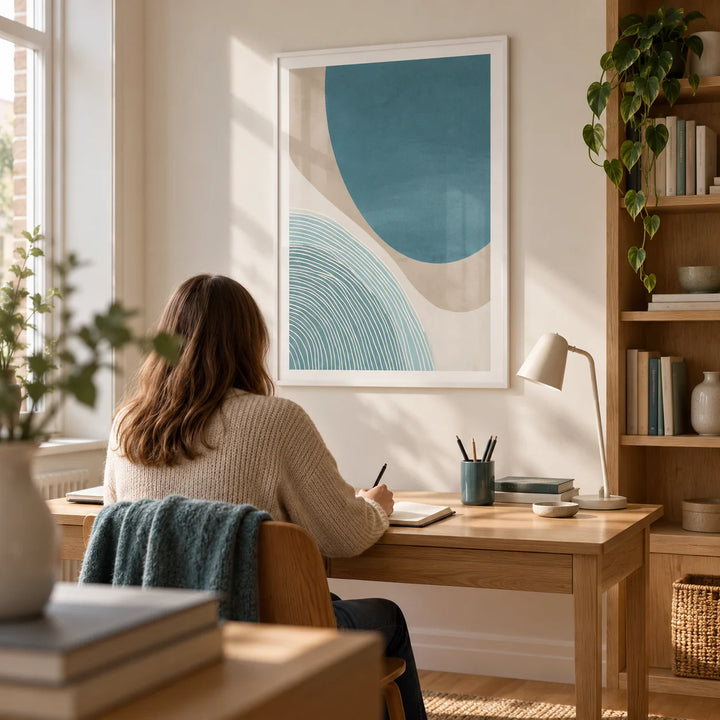 Modern Minimalist Print, framed on the wall of a quiet home study in a UK flat with a warm white wall and built-in oak shelving