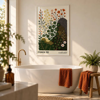 Modern Nature Wall Art Print, framed on the wall of a calm bathroom with plain warm white walls