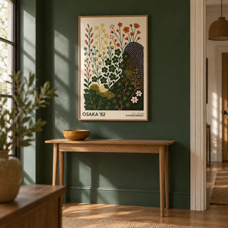 Modern Nature Wall Art Print, framed on the wall of a hallway with a forest green painted wall