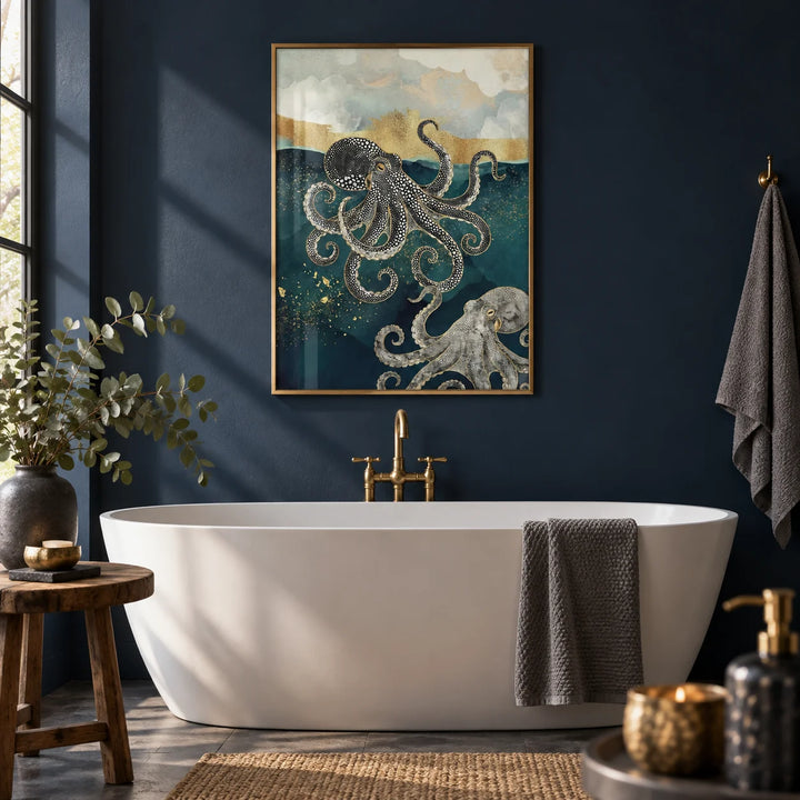 Modern Octopus Wall Art, framed on the wall of a moody bathroom with a navy painted wall