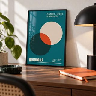 Modern Office Wall Art, a small A4 framed print leaning on a walnut desk