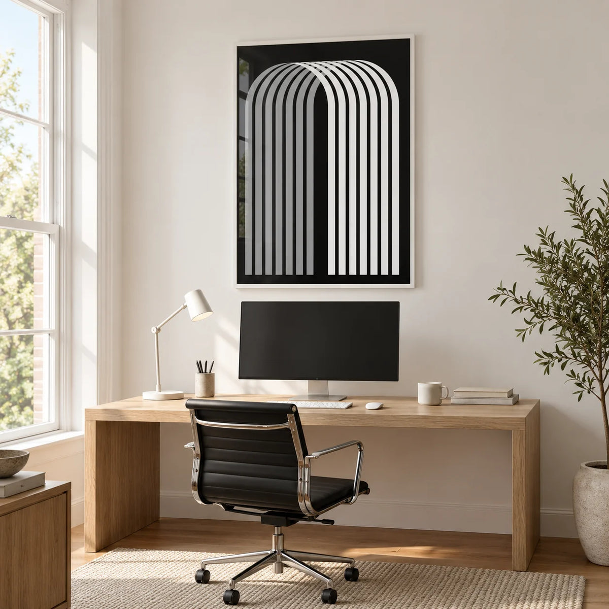 Modern Office Wall Decor, framed on the wall of a bright home office in a spare room with a tall white window