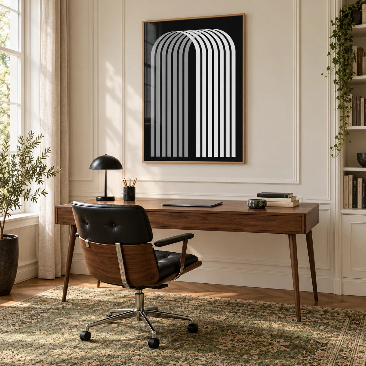 Modern Office Wall Decor, framed on the wall of a calm home office with cream panelled walls and a vintage green rug