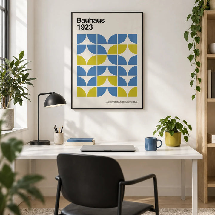Modern Office Wall Decor, framed on the wall of a crisp design-led home office with a white wall and a pale oak floor