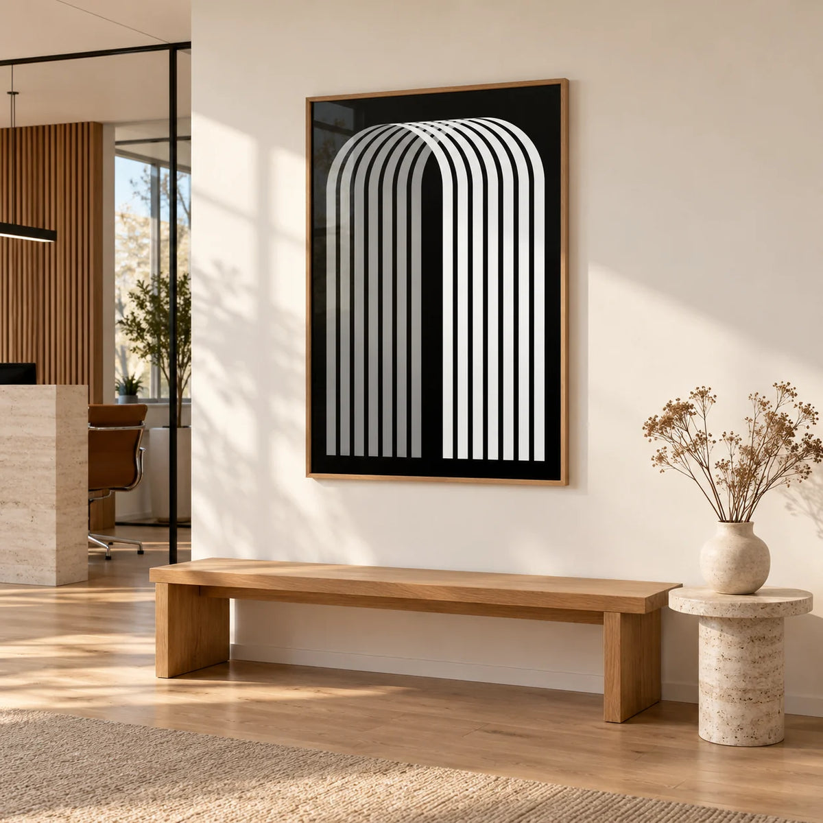Modern Office Wall Decor, framed on the wall of a design-led office reception with a warm white wall and oak floor