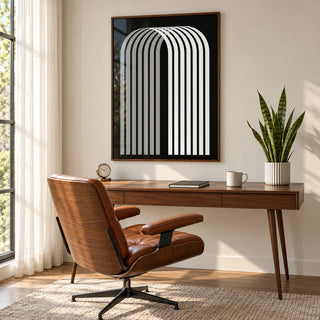 Modern Office Wall Decor, framed on the wall of a mid-century study by a tall window with a sheer curtain