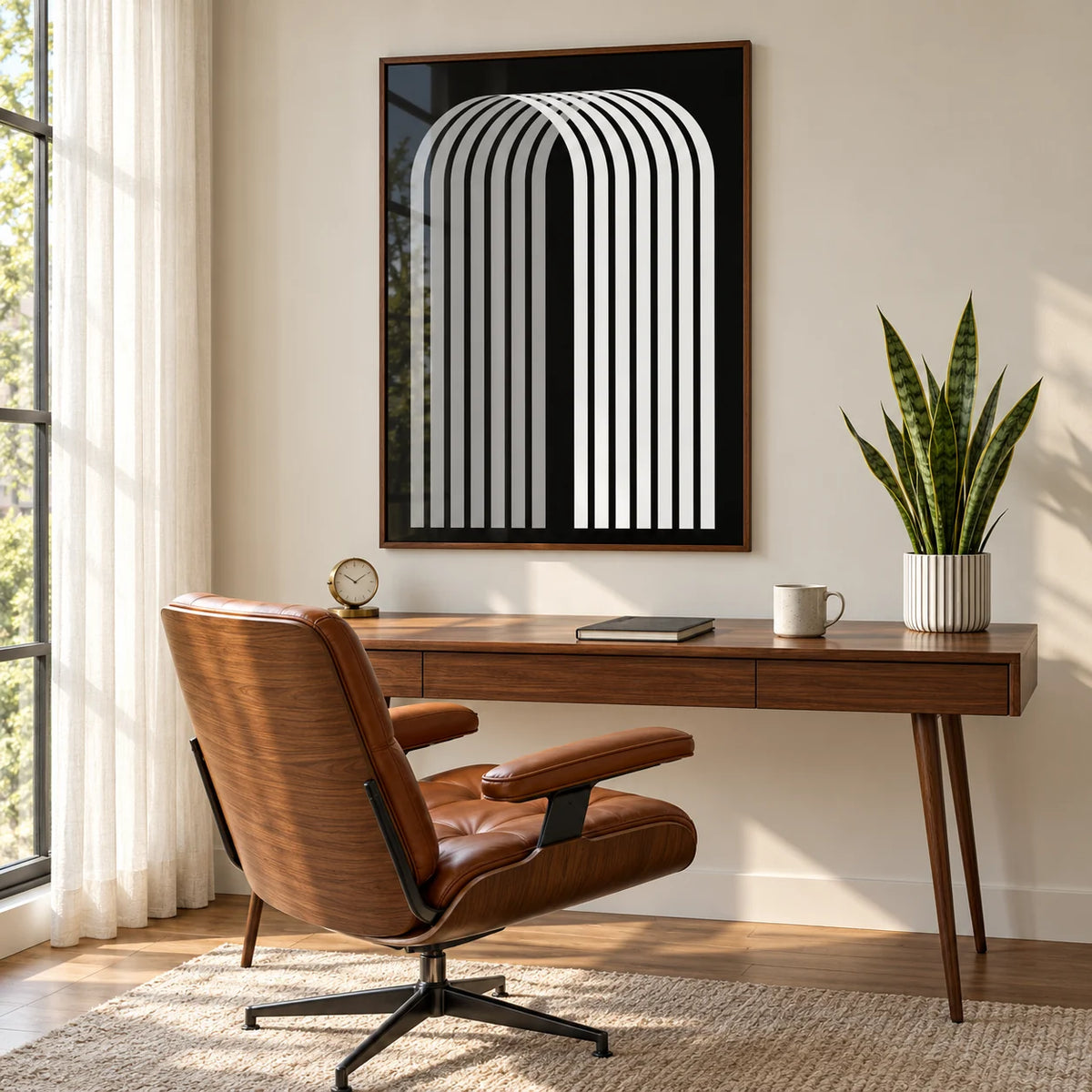 Modern Office Wall Decor, framed on the wall of a mid-century study by a tall window with a sheer curtain