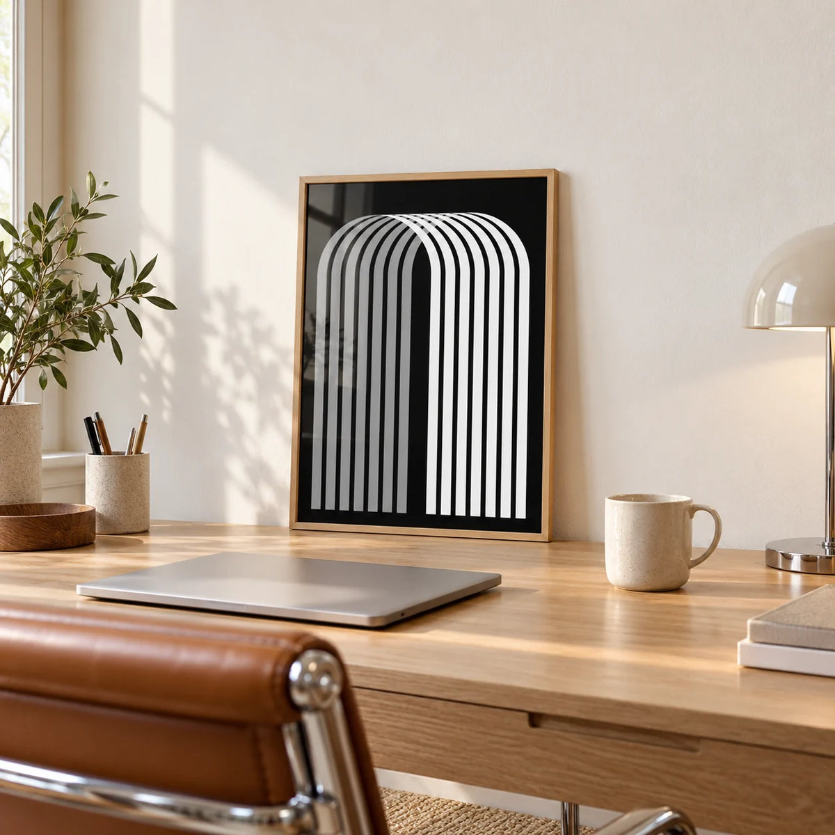Modern Office Wall Decor, a small A4 framed print leaning on a white oak office desk