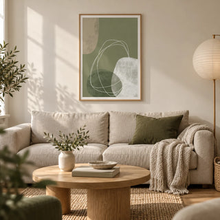 Modern Organic Print, framed on the wall of a calm contemporary living room in a UK terraced home with warm white plaster walls and oak floorboards