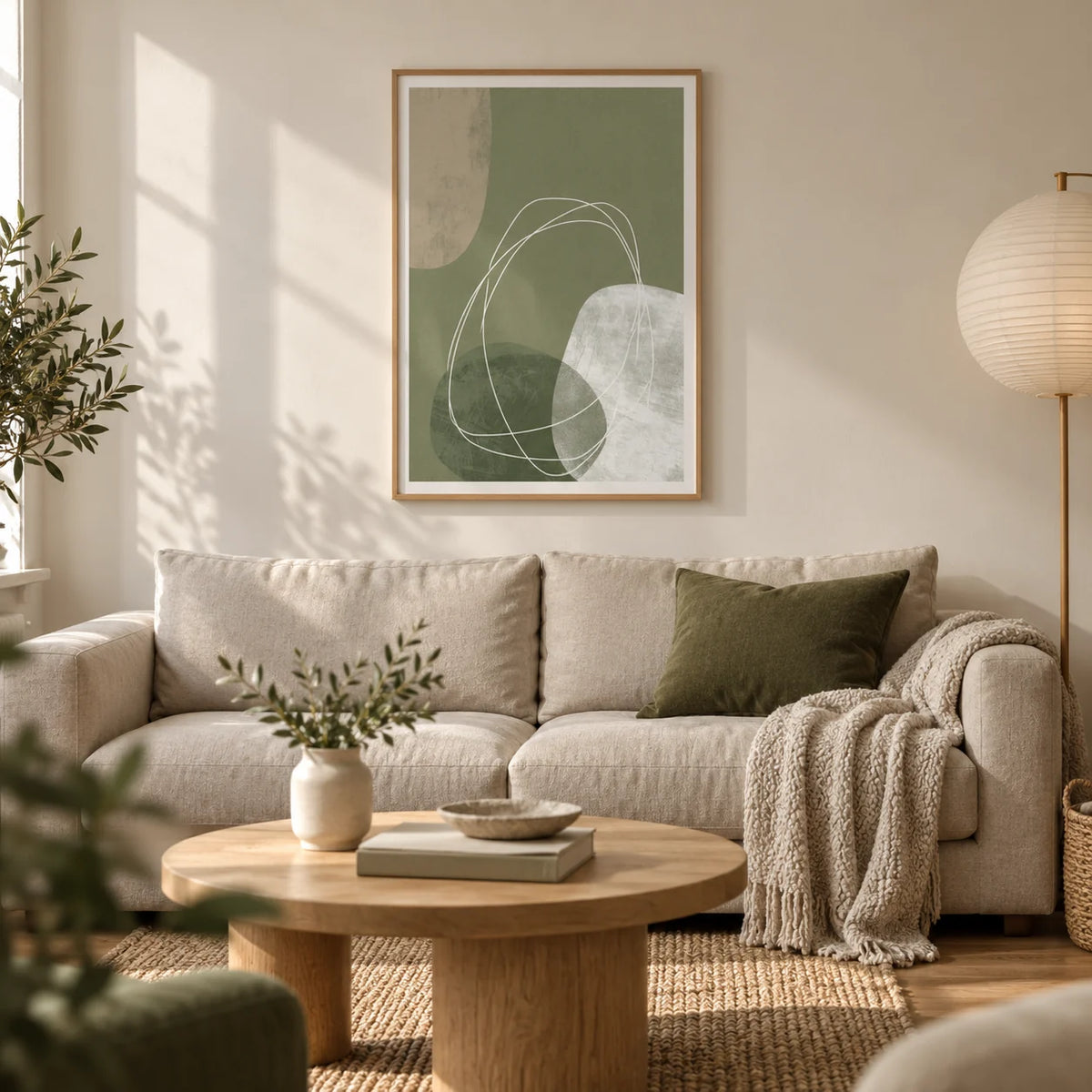 Modern Organic Print, framed on the wall of a calm contemporary living room in a UK terraced home with warm white plaster walls and oak floorboards