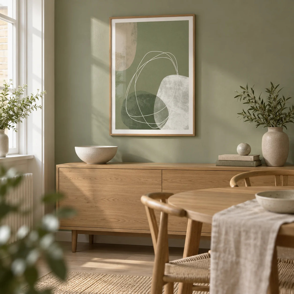 Modern Organic Print, framed on the wall of a light modern dining room in a UK flat with a muted sage green wall