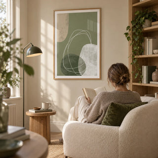 Modern Organic Print, framed on the wall of a quiet reading corner in a design-conscious UK flat with a pale beige wall and built-in oak bookshelves to one side in a living room