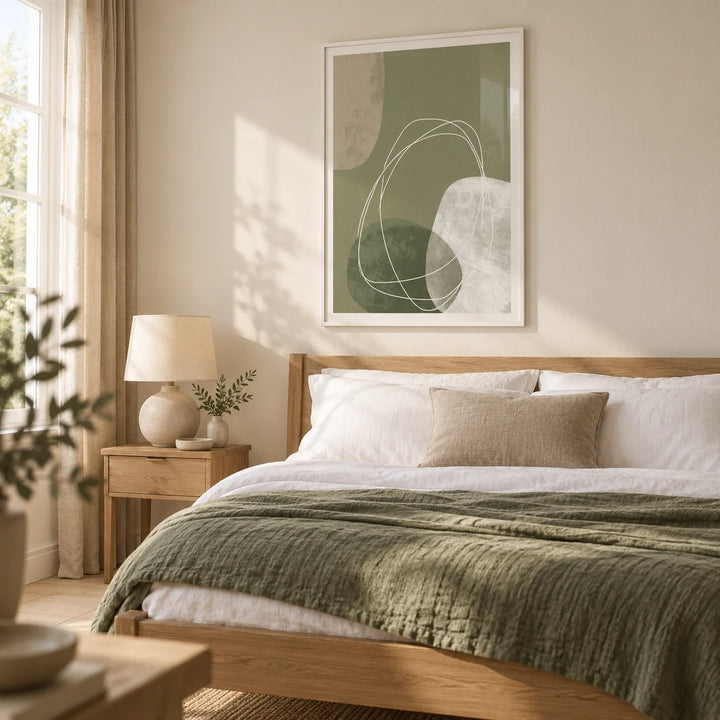 Modern Organic Print, framed on the wall of a restful Japandi bedroom in a UK home with a warm off-white wall and pale timber flooring