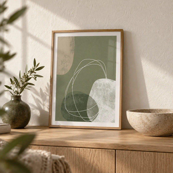 Modern Organic Print, a small A4 framed print leaning on a pale oak side table in a hallway