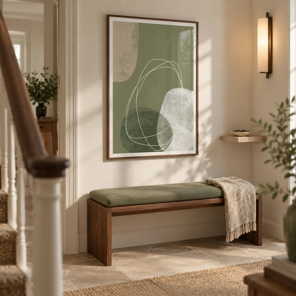 Modern Organic Print, framed on the wall of a welcoming hallway in a renovated UK terrace with a warm white wall and limestone floor