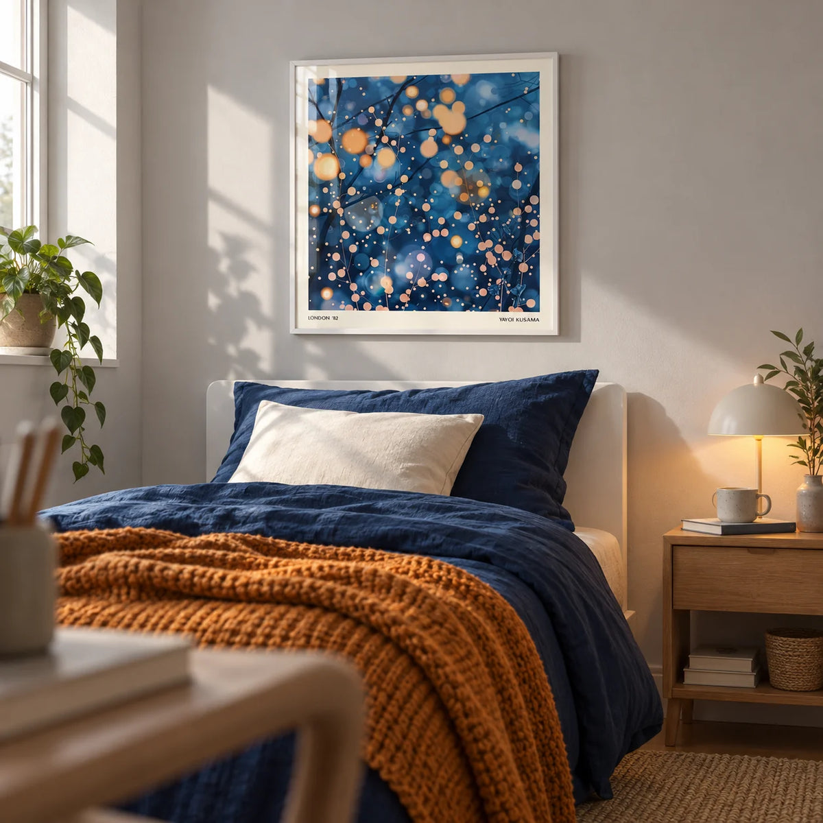 Modern Painting Prints, framed on the wall of a calm single bedroom for a young adult (18-25) with a pale grey wall