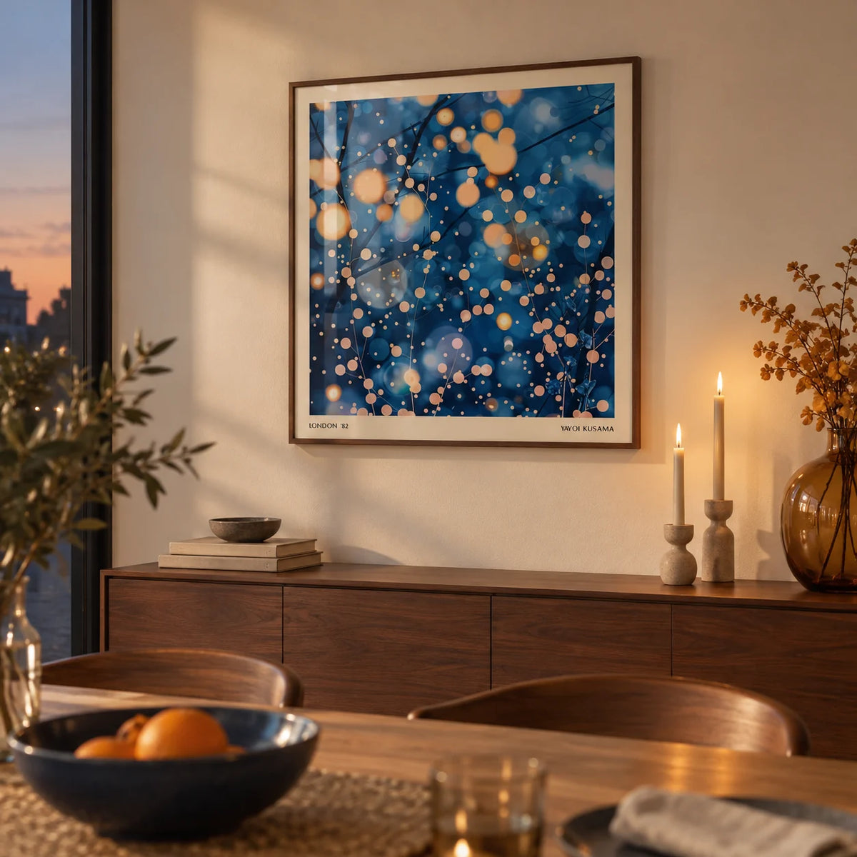 Modern Painting Prints, framed on the wall of a modern dining room at dusk with a warm white wall
