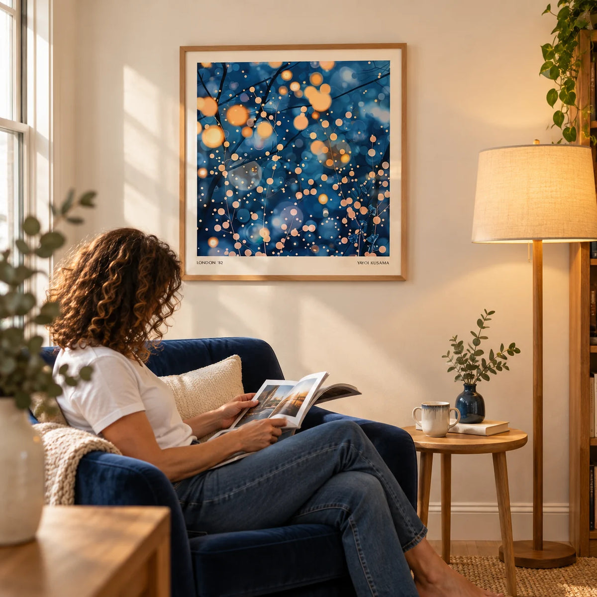 Modern Painting Prints, framed on the wall of a quiet reading nook with a warm cream wall in a living room
