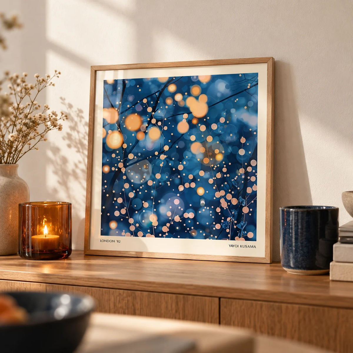 Modern Painting Prints, a small A4 framed print leaning on an oak shelf in a living room