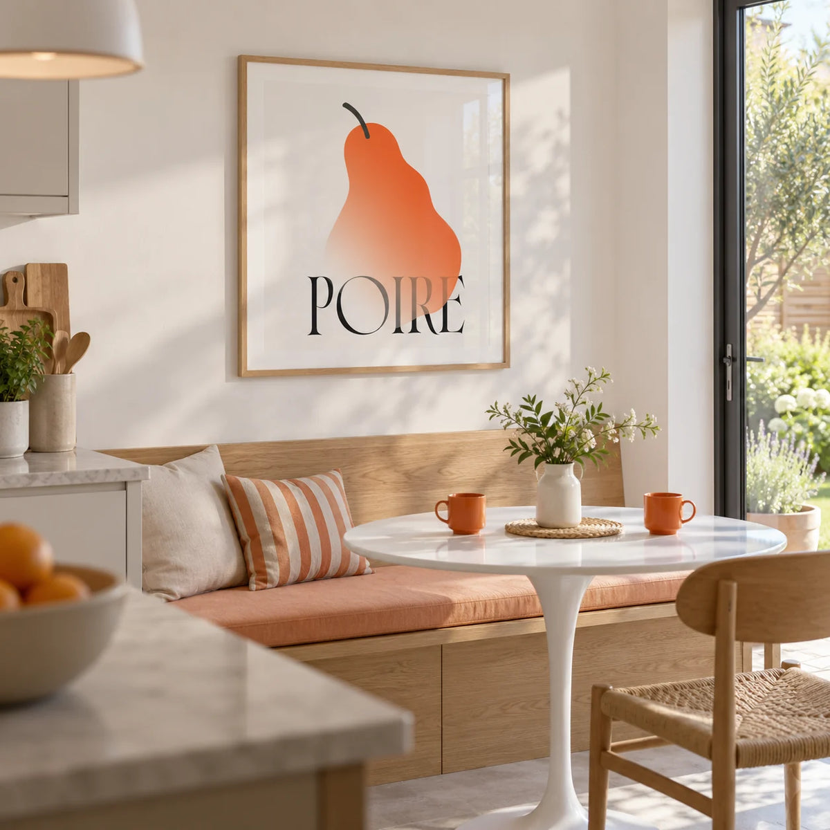 Modern Pear Poster, framed on the wall of a compact breakfast corner in a bright UK kitchen extension with a white wall and a built-in pale oak banquette