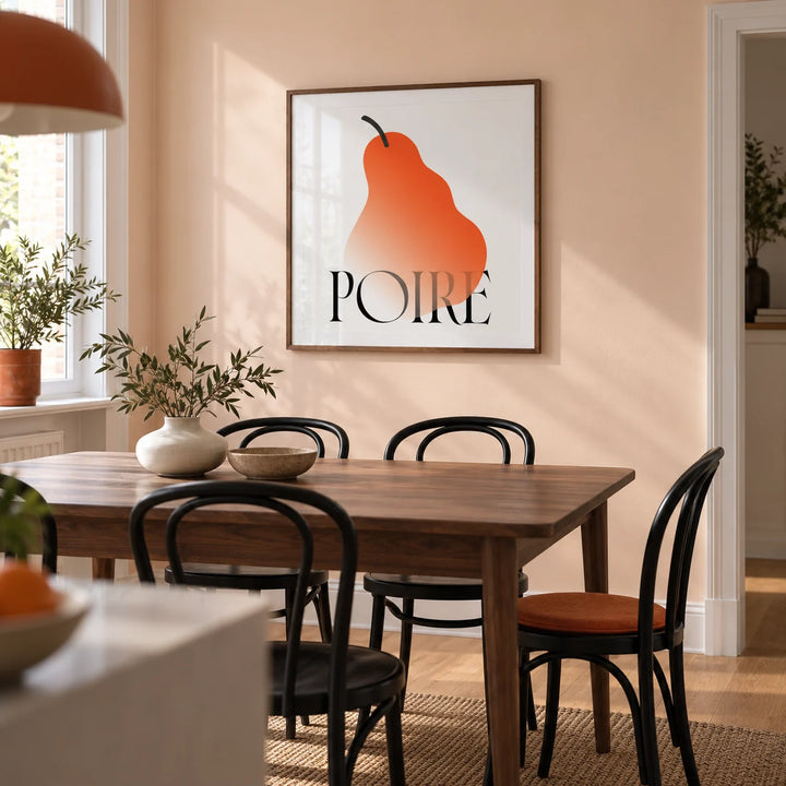 Modern Pear Poster, framed on the wall of a contemporary dining room in a renovated UK terrace with a pale peach wall and oak floor